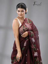 Chocolate Brown With Multi Colour Muslin silk Handwoven Jamdani Saree