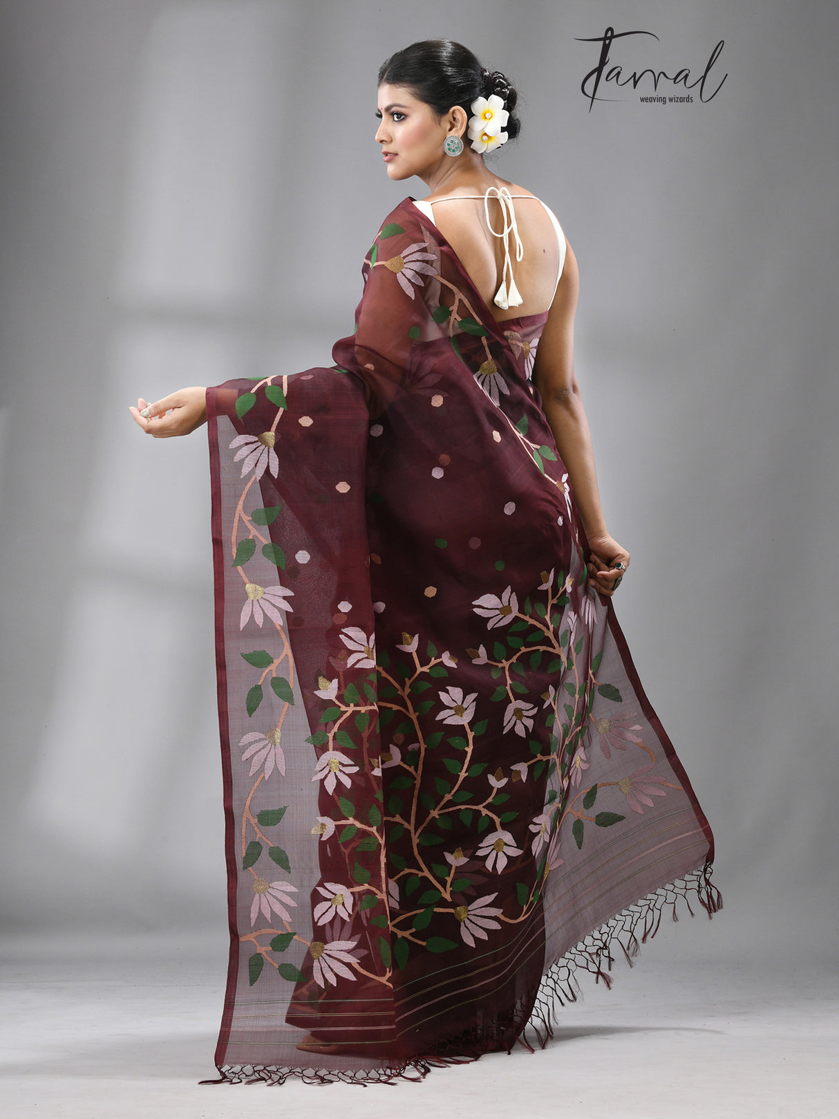 Chocolate Brown With Multi Colour Muslin silk Handwoven Jamdani Saree