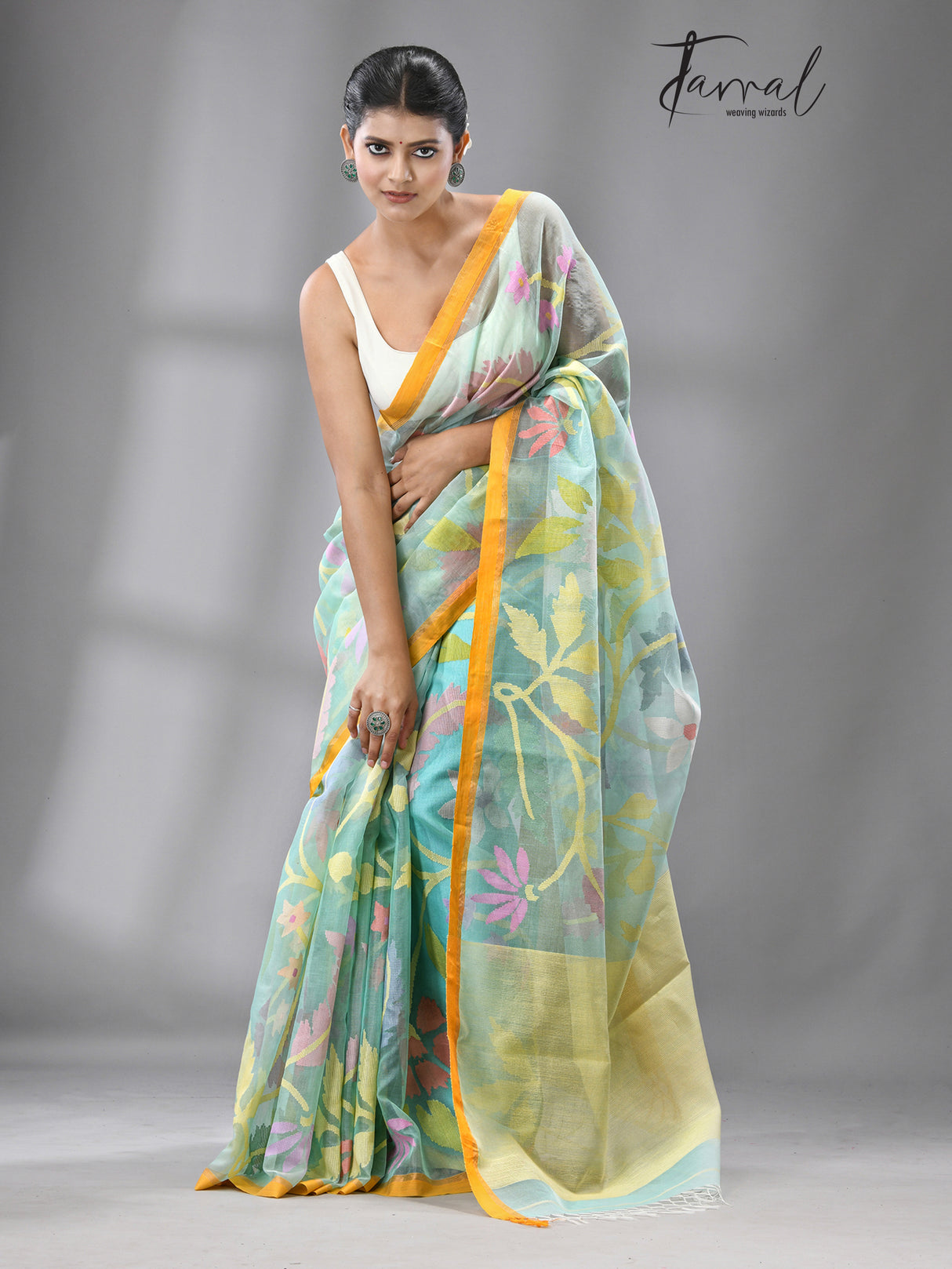 Firoza  With Yellow border Multi Colour Allover Floral Muslin Silk Handwoven Jamdani Saree