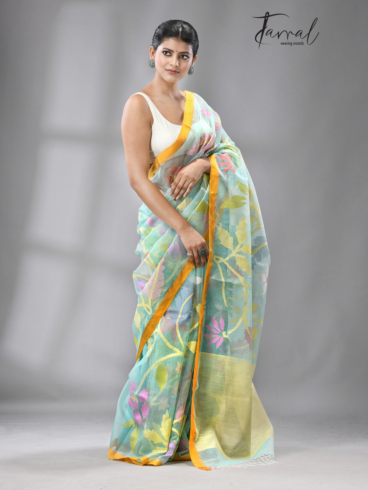 Firoza  With Yellow border Multi Colour Allover Floral Muslin Silk Handwoven Jamdani Saree