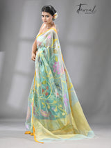 Firoza  With Yellow border Multi Colour Allover Floral Muslin Silk Handwoven Jamdani Saree