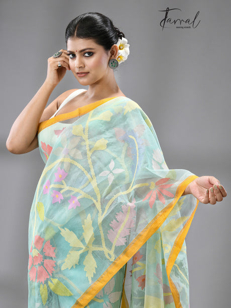 Firoza  With Yellow border Multi Colour Allover Floral Muslin Silk Handwoven Jamdani Saree