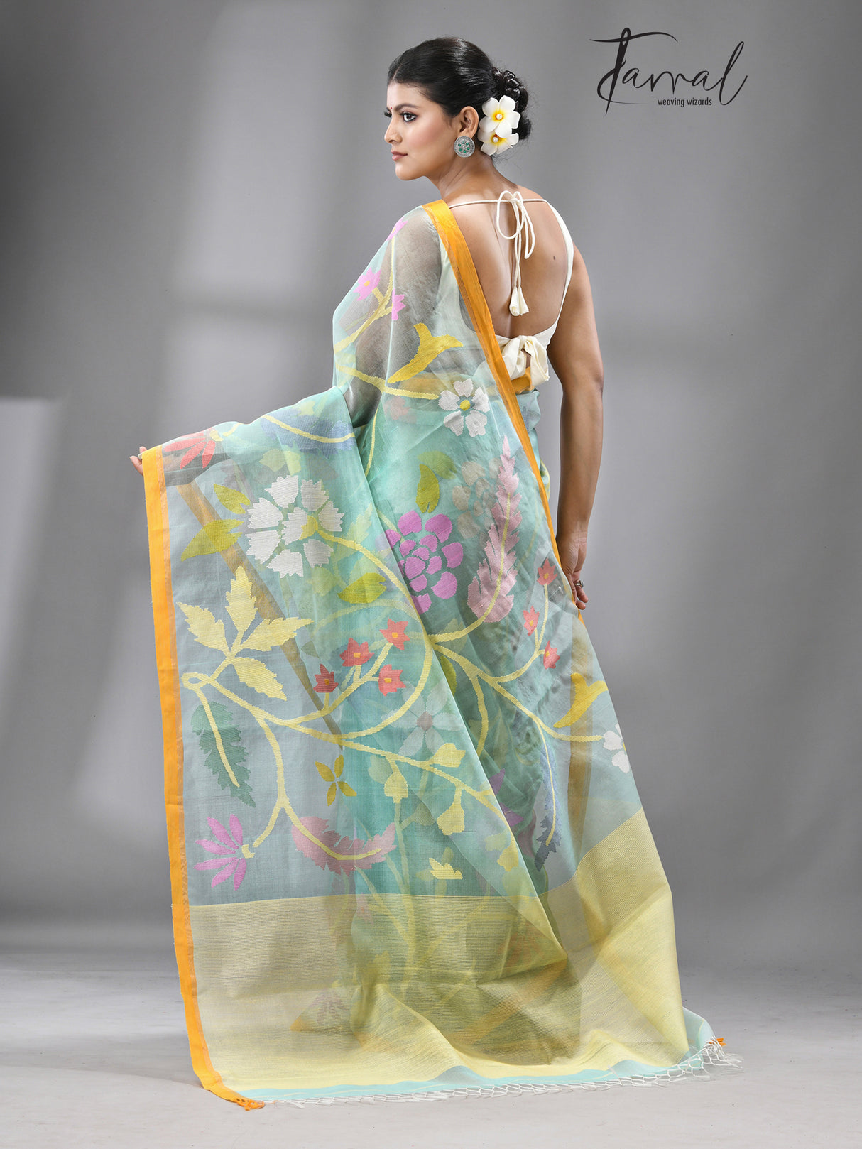 Firoza  With Yellow border Multi Colour Allover Floral Muslin Silk Handwoven Jamdani Saree