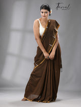 Brown with yellow border cotton handwoven jamdani saree