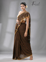 Brown with yellow border cotton handwoven jamdani saree