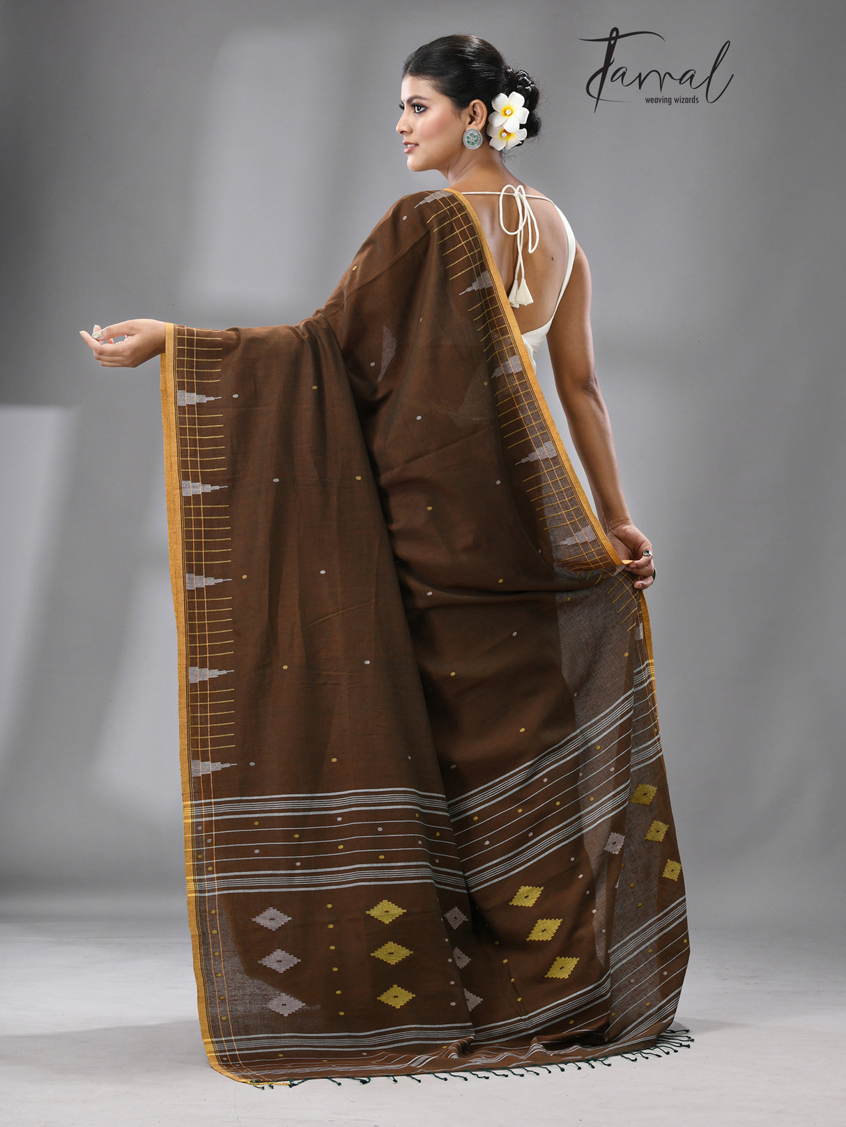 Brown with yellow border cotton handwoven jamdani saree
