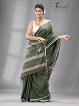 Green floral tree pallu cotton handwoven jamdani saree - Tamal Boutique