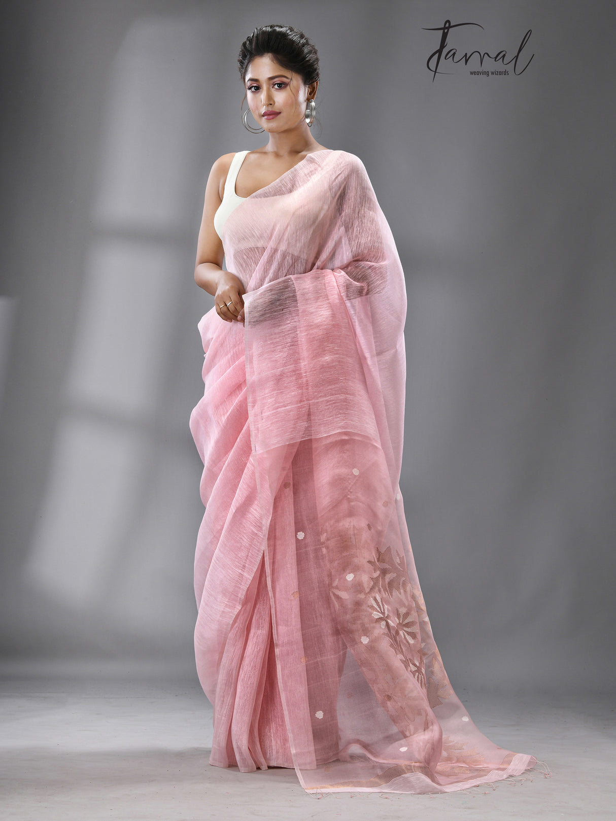 Light pink thoka silk linen handwoven jamadani saree