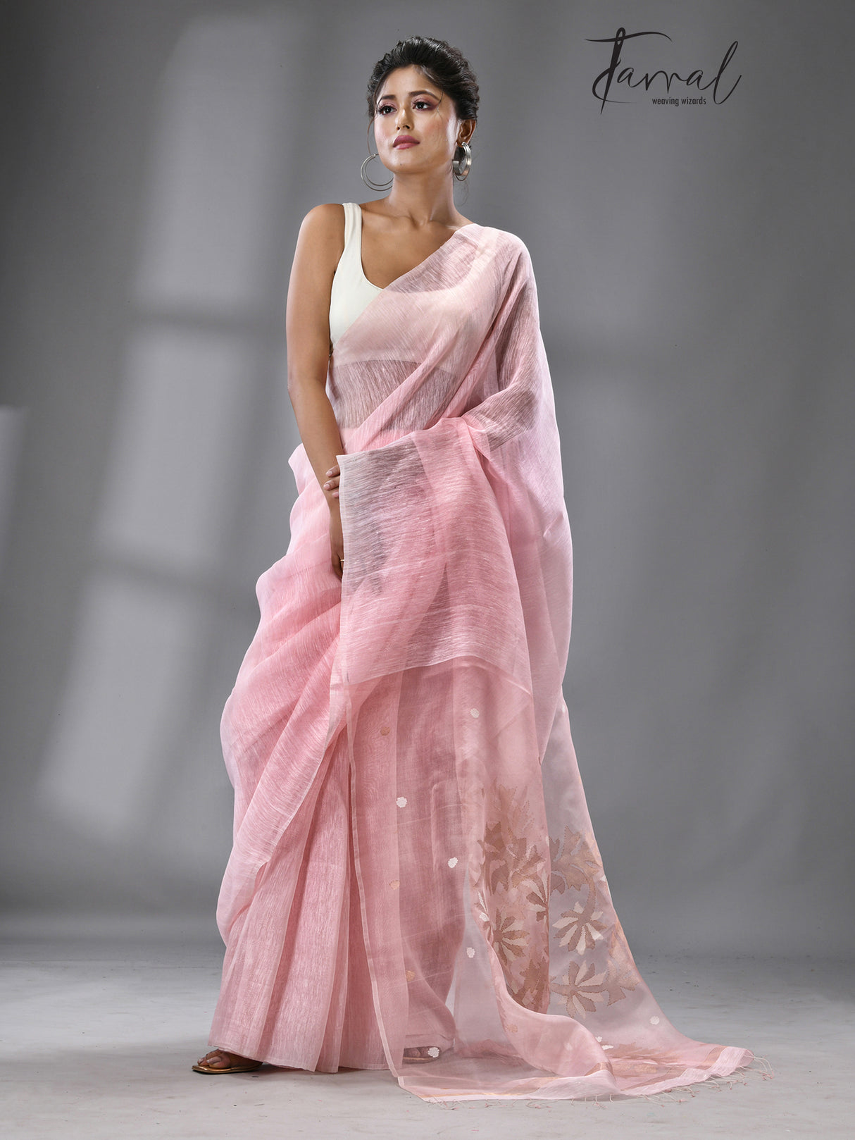 Light pink thoka silk linen handwoven jamadani saree