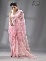 Light pink thoka silk linen handwoven jamadani saree