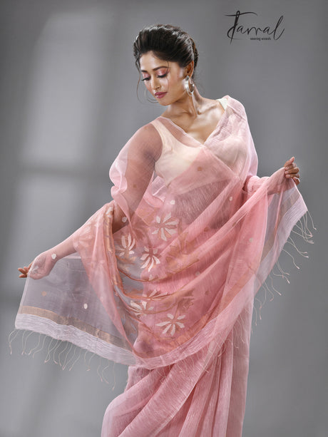 Light pink silk linen handwoven jamadani saree