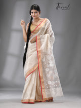 Offwhite with red & zari border silk linen handwoven jamdani saree