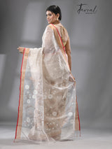 Offwhite with red & zari border silk linen handwoven jamdani saree