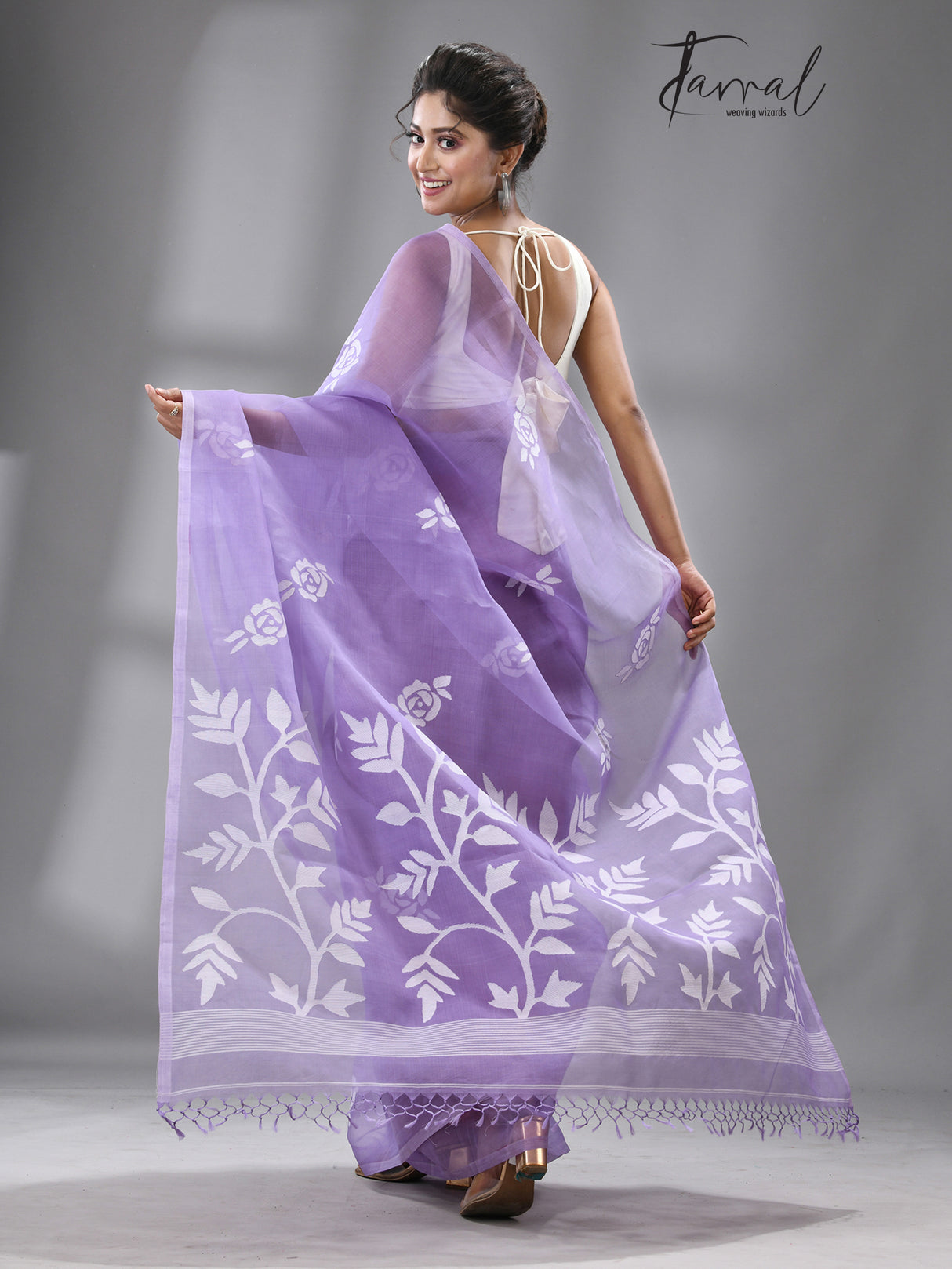 Lavender self rose motifs handwoven muslin silk jamdani saree
