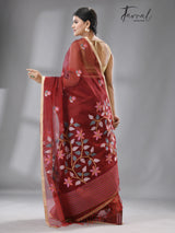 Wine with Tusser border multi colour floral buta muslin silk handwoven jamdani saree
