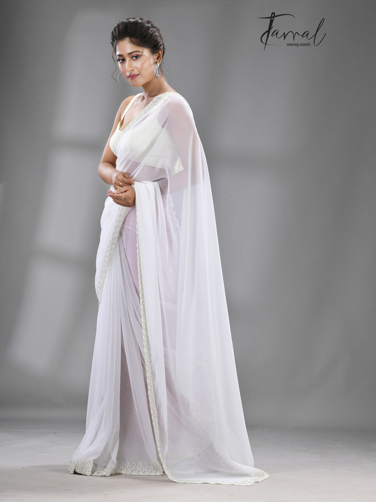 White stone chiffon zardosi work saree