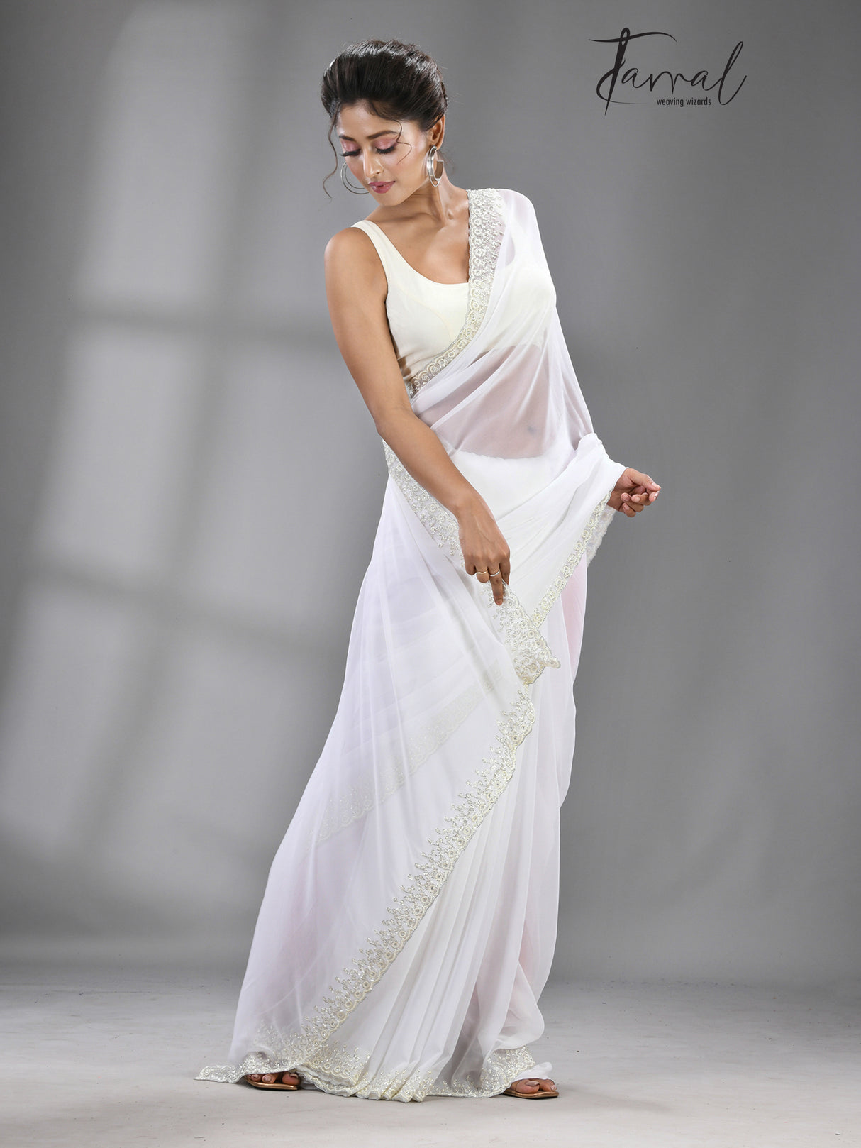 White stone chiffon zardosi work saree