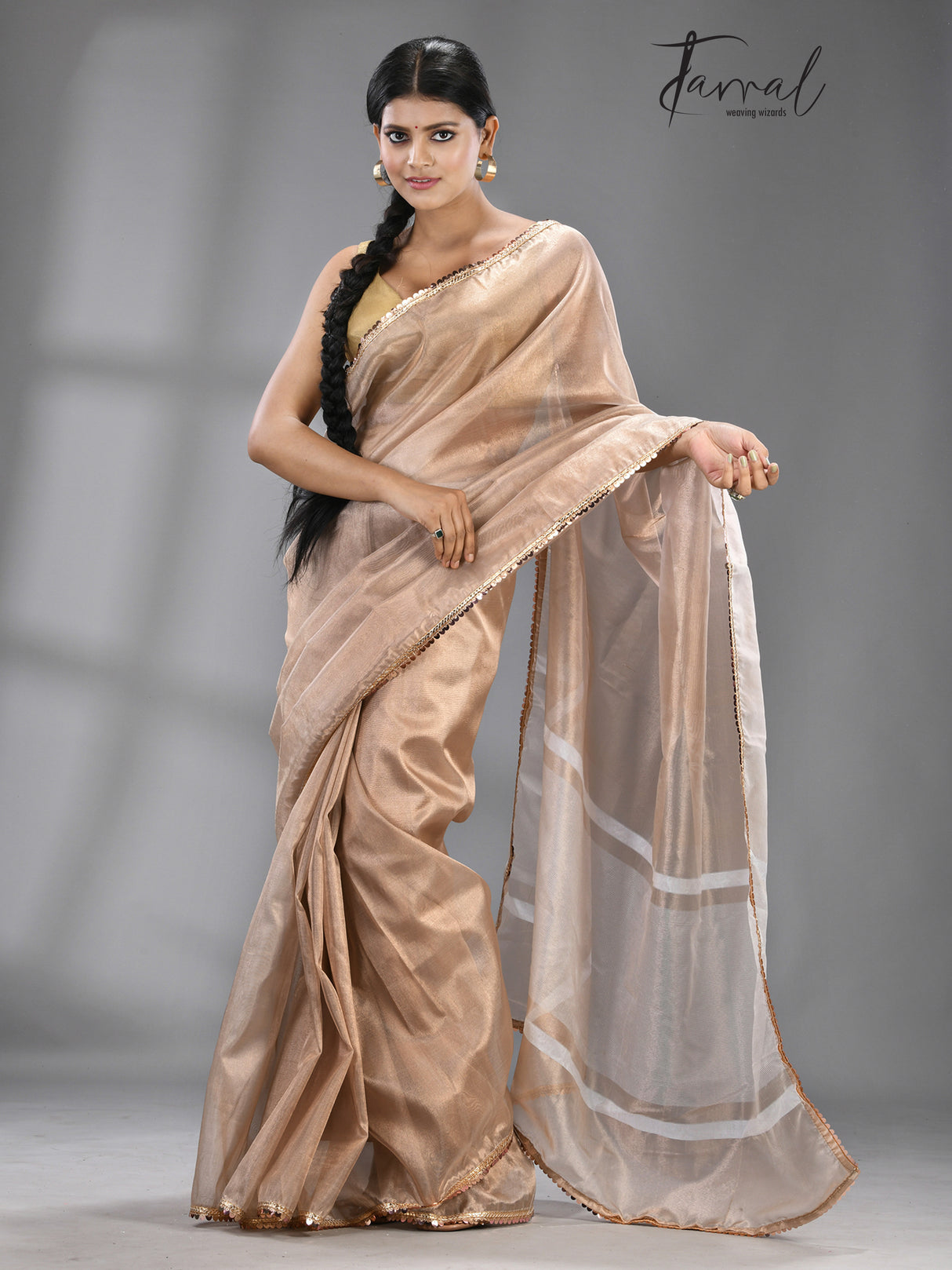 Milk coffee brown Banarasi tissue silk saree - Tamal Boutique