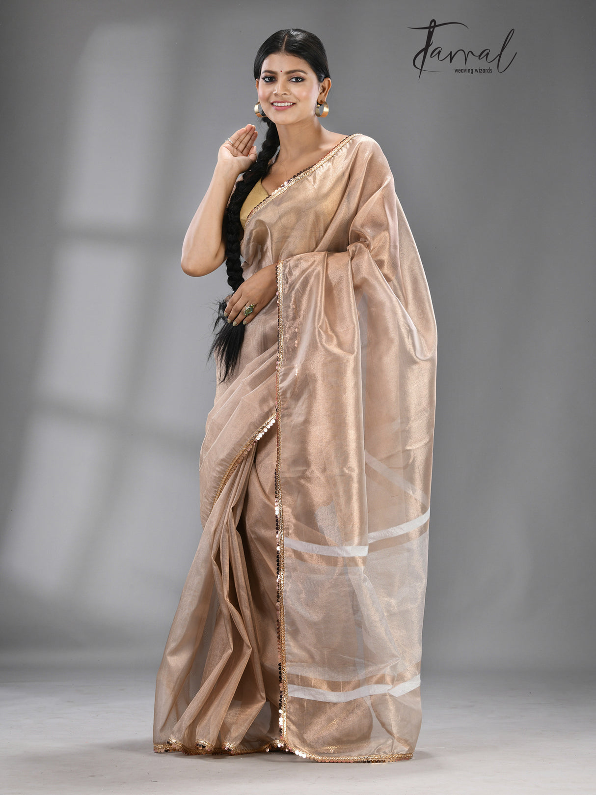 Milk coffee brown Banarasi tissue silk saree - Tamal Boutique