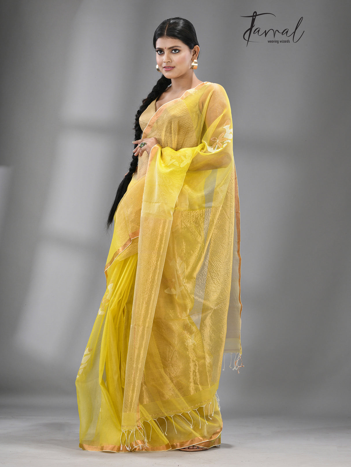 Yellow Organza silk Stripe With Floral buta handwoven jamdani saree