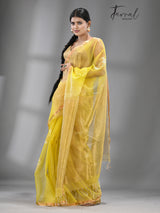 Yellow Organza silk Stripe With Floral buta handwoven jamdani saree - Tamal Boutique