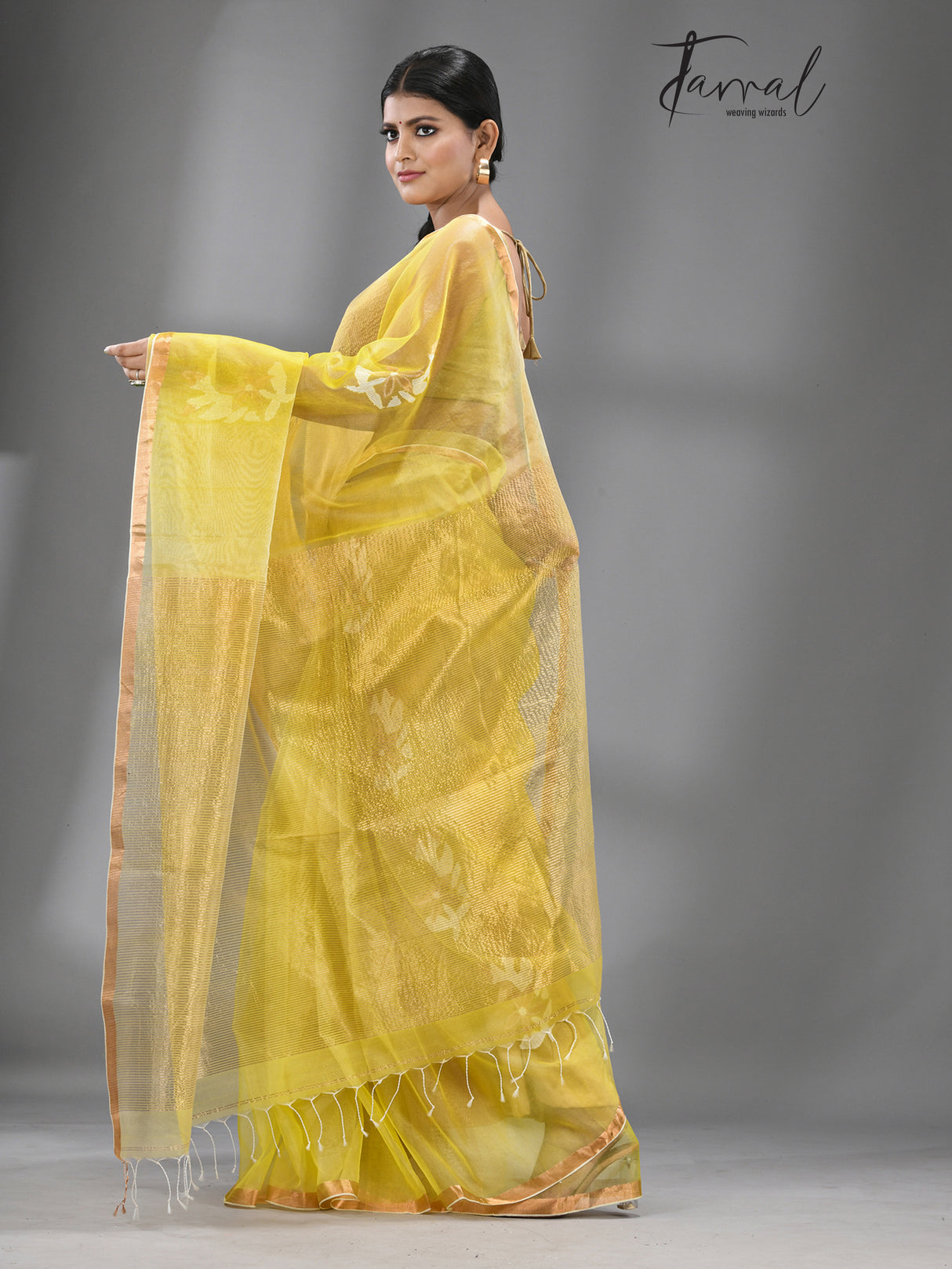 Yellow Organza silk Stripe With Floral buta handwoven jamdani saree - Tamal Boutique