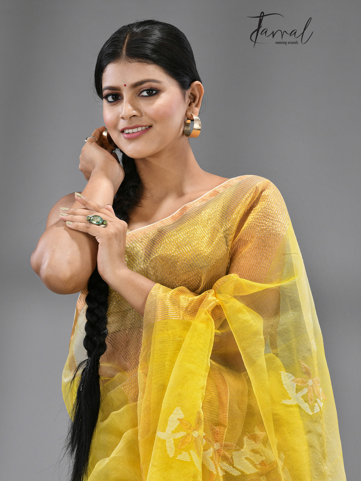 Yellow Organza silk Stripe With Floral buta handwoven jamdani saree - Tamal Boutique