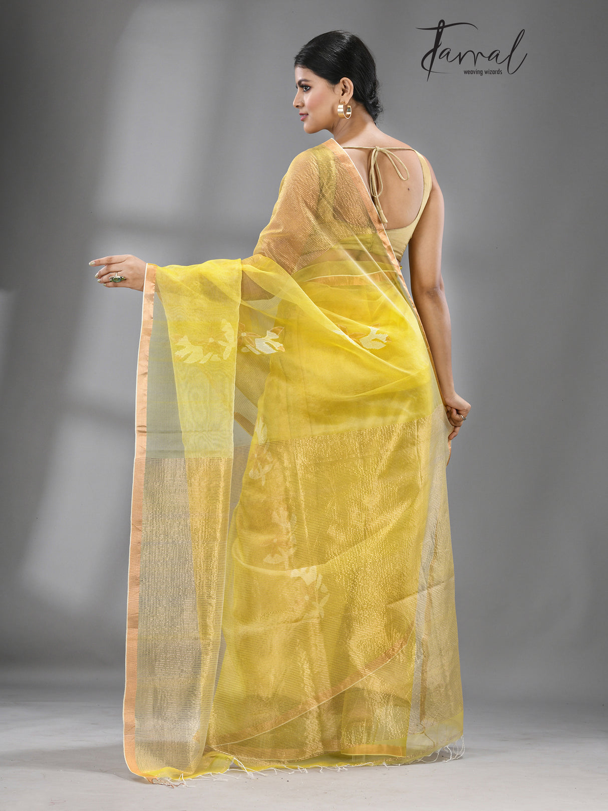 Yellow Organza silk Stripe With Floral buta handwoven jamdani saree - Tamal Boutique