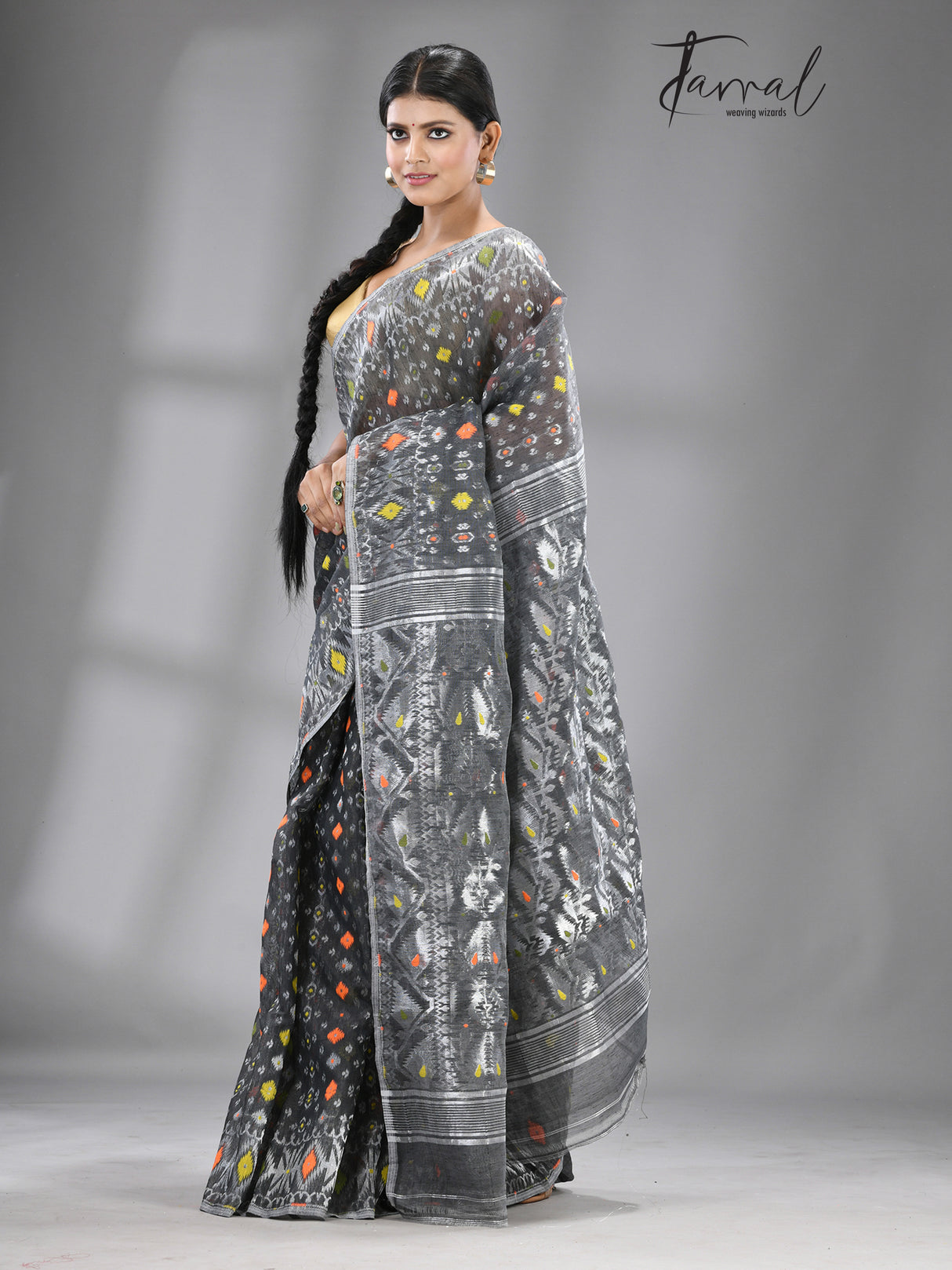 Ash with multi colour soft handloom dhakai jamdani saree