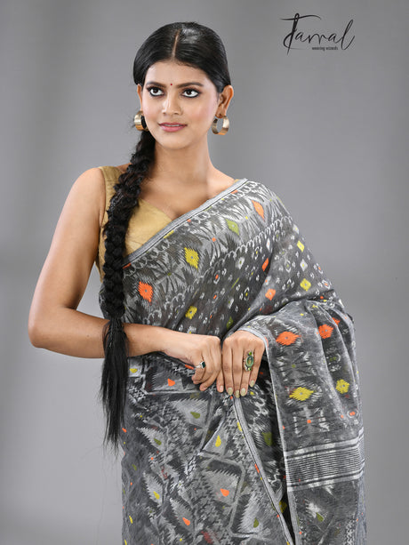 Ash with multi colour soft handloom dhakai jamdani saree