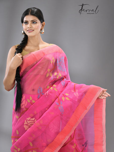 Dark rose pink allover rose motifs muslin silk handwoven jamdani saree