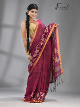 Magenta colour checks with zari border linen handloom jamdani saree