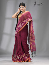 Magenta colour checks with zari border linen handloom jamdani saree