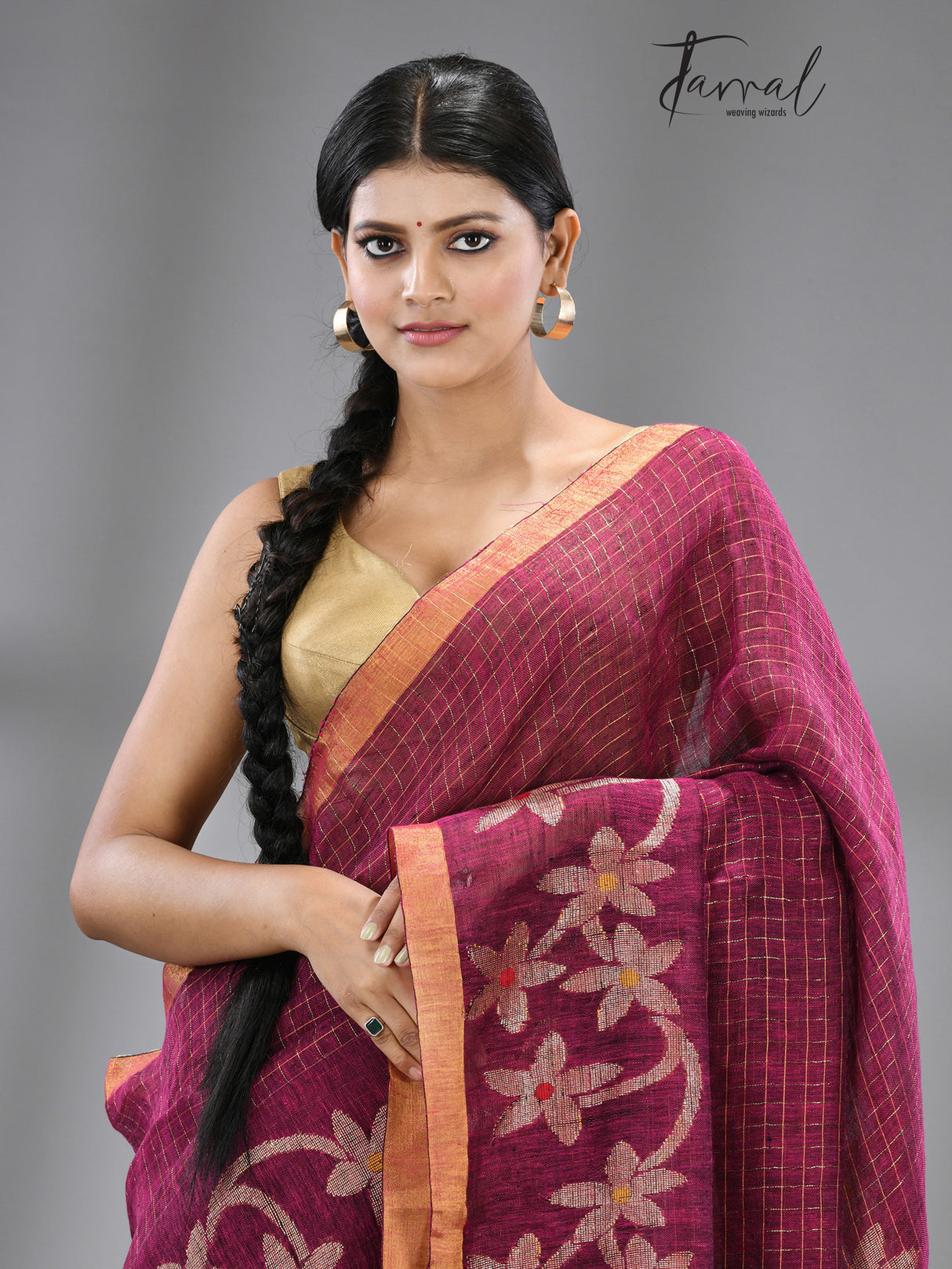 Magenta colour checks with zari border linen handloom jamdani saree