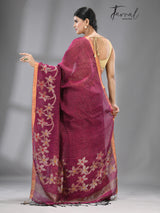 Magenta colour checks with zari border linen handloom jamdani saree