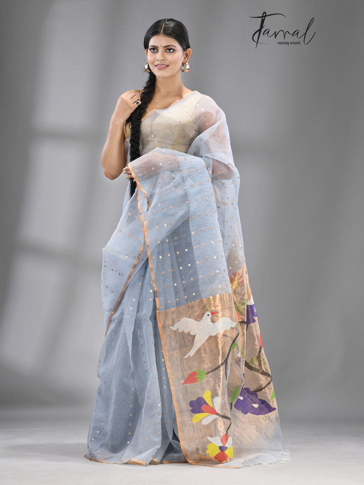 Dust sky blue Organza silk paithani sequins saree