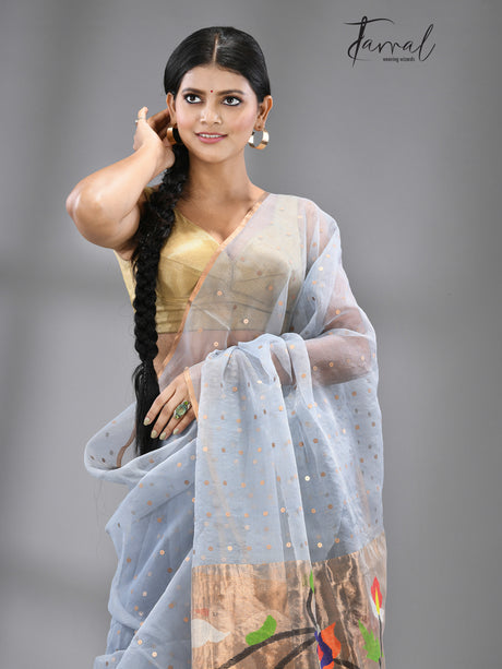 Dust sky blue Organza silk paithani sequins saree