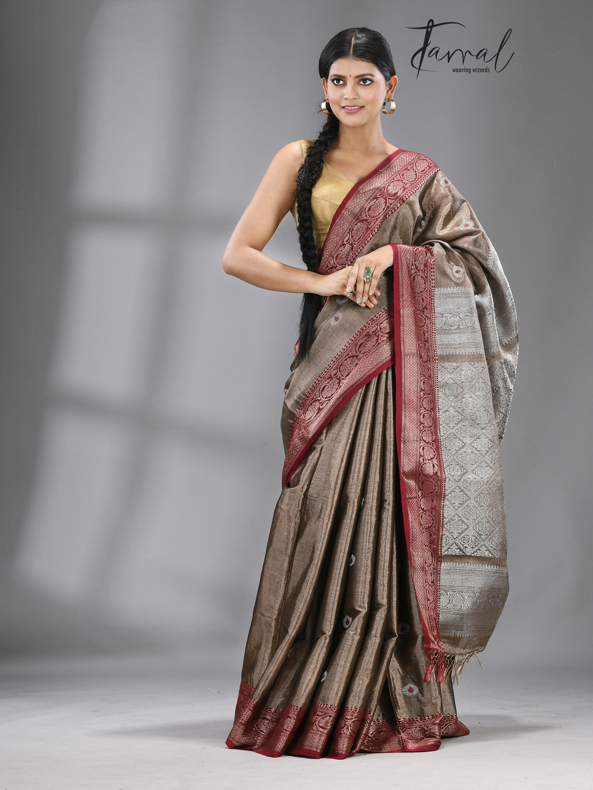 Chocolate brown with dark red & silver zari tissue Benarasi handloom saree