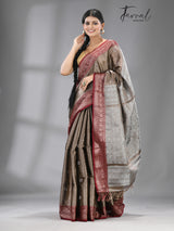 Chocolate brown with dark red & silver zari tissue Benarasi handloom saree - Tamal Boutique