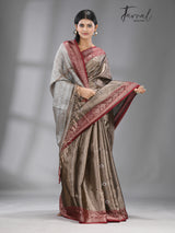 Chocolate brown with dark red & silver zari tissue Benarasi handloom saree - Tamal Boutique