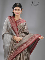Chocolate brown with dark red & silver zari tissue Benarasi handloom saree