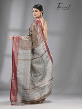 Chocolate brown with dark red & silver zari tissue Benarasi handloom saree - Tamal Boutique