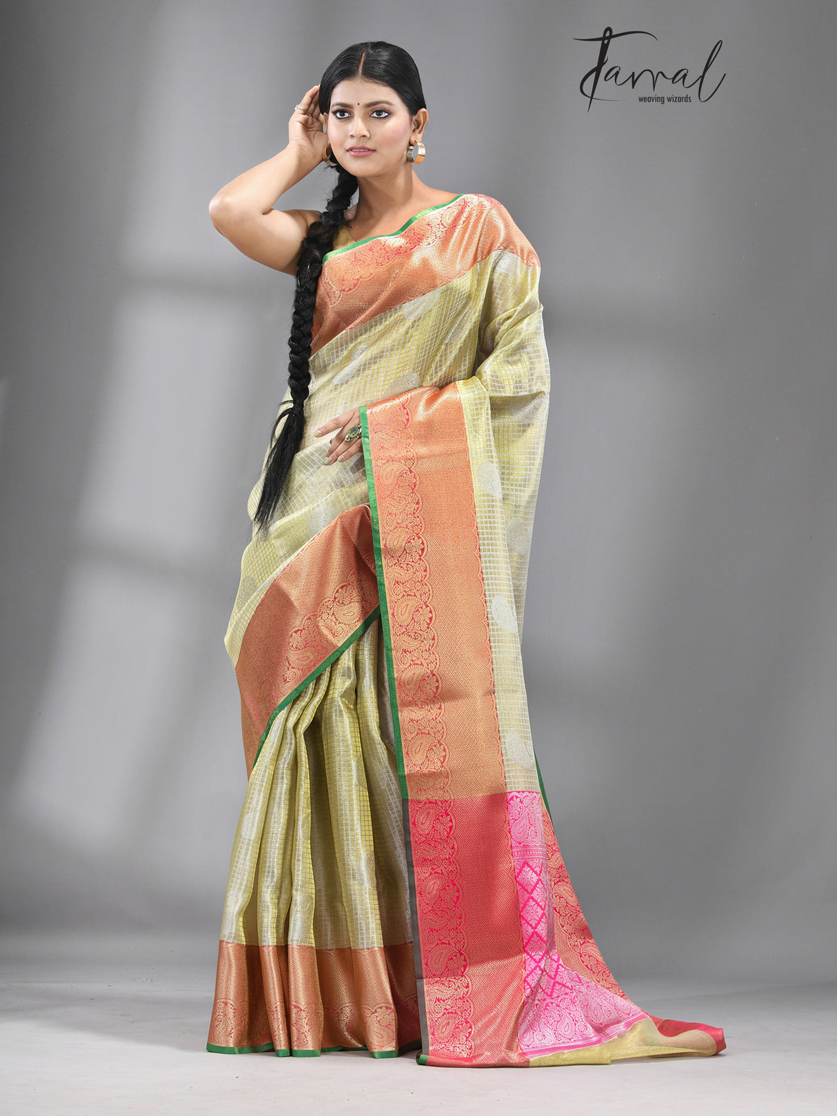 Golden with Red border banarasi tissue silk saree