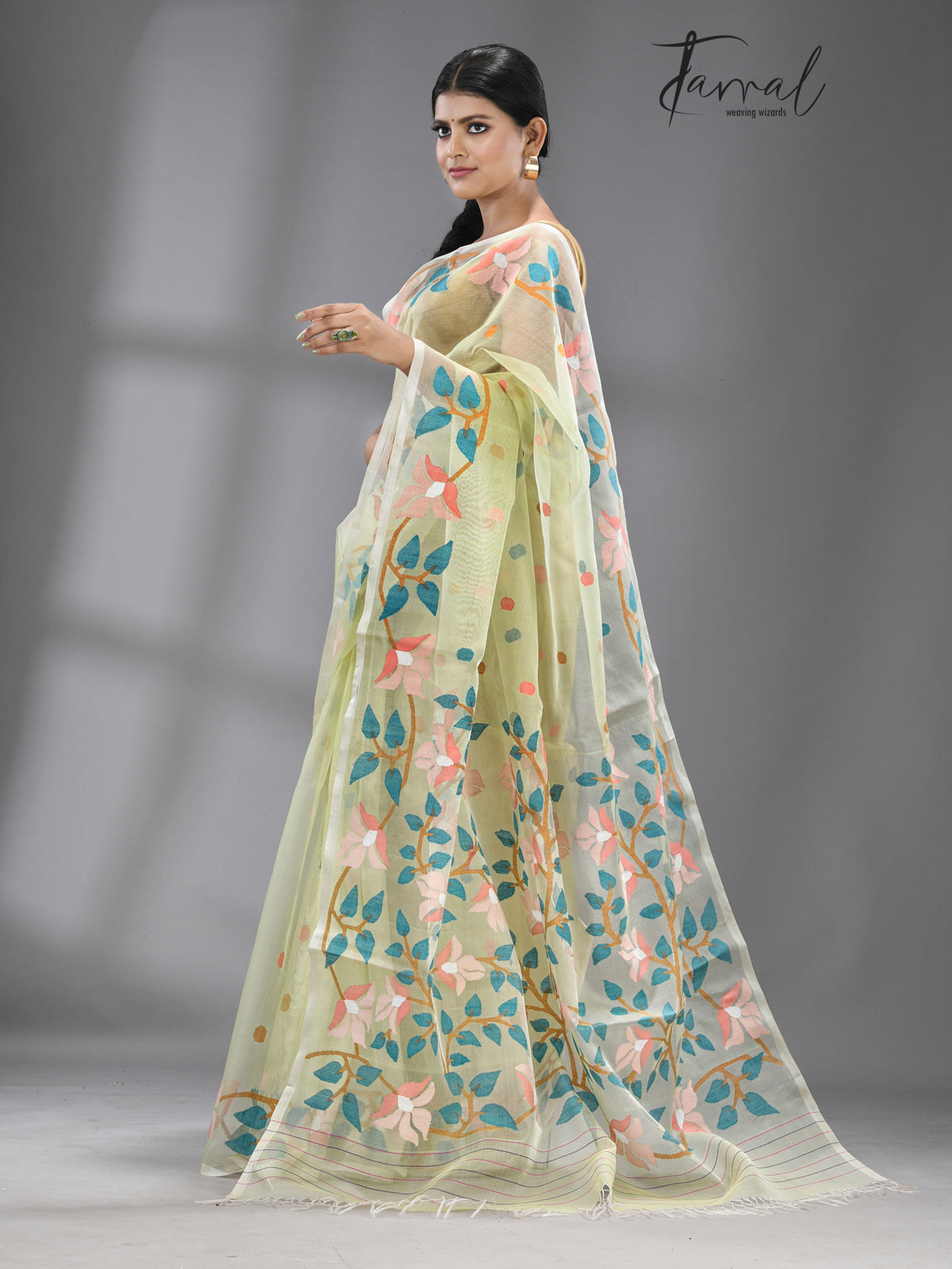 Light appeal green with multicolour floral handwoven muslin silk jamdani saree