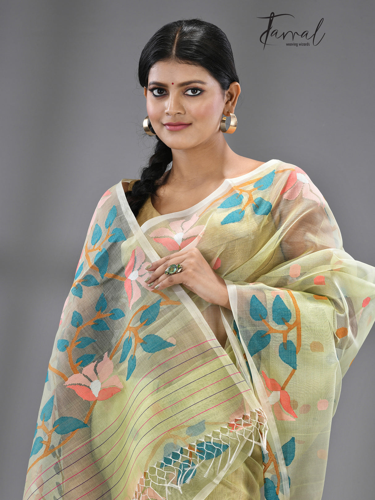 Light appeal green with multicolour floral handwoven muslin silk jamdani saree