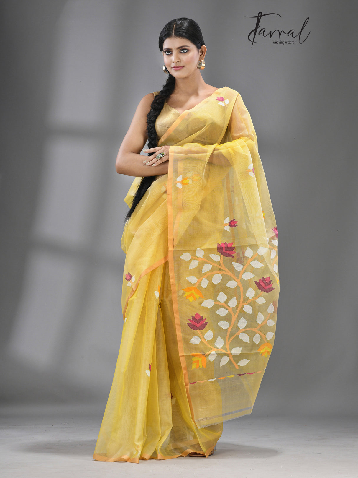 Yellow color With zari Border Muslin Silk Handwoven Jamdani Saree
