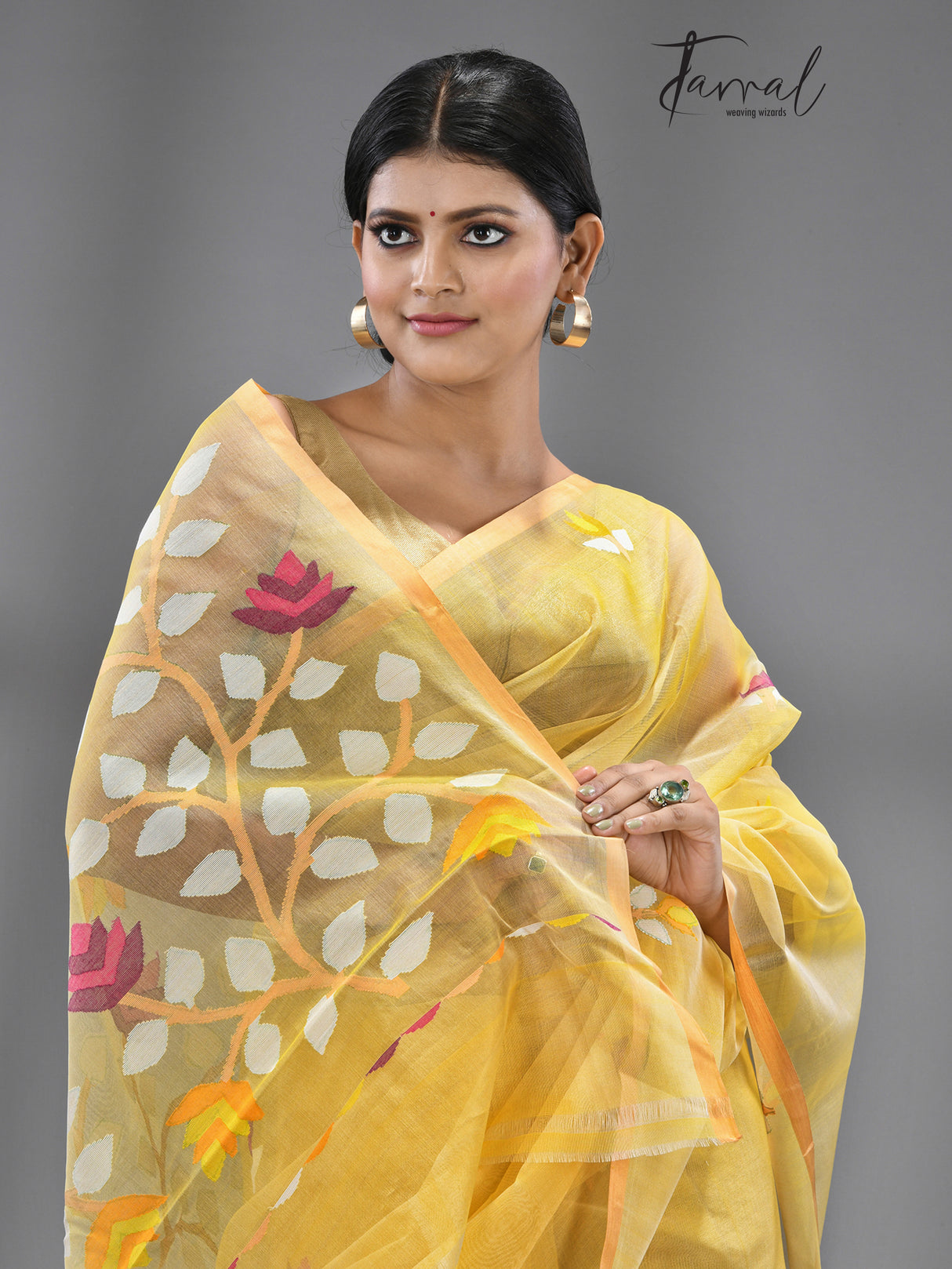Yellow color With zari Border Muslin Silk Handwoven Jamdani Saree