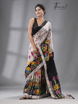 Ivory Lotus Blossom Batik Silk Saree - Tamal Boutique