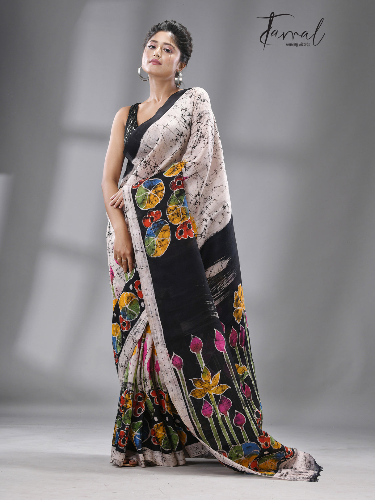 Ivory Lotus Blossom Batik Silk Saree