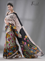 Ivory Lotus Blossom Batik Silk Saree - Tamal Boutique